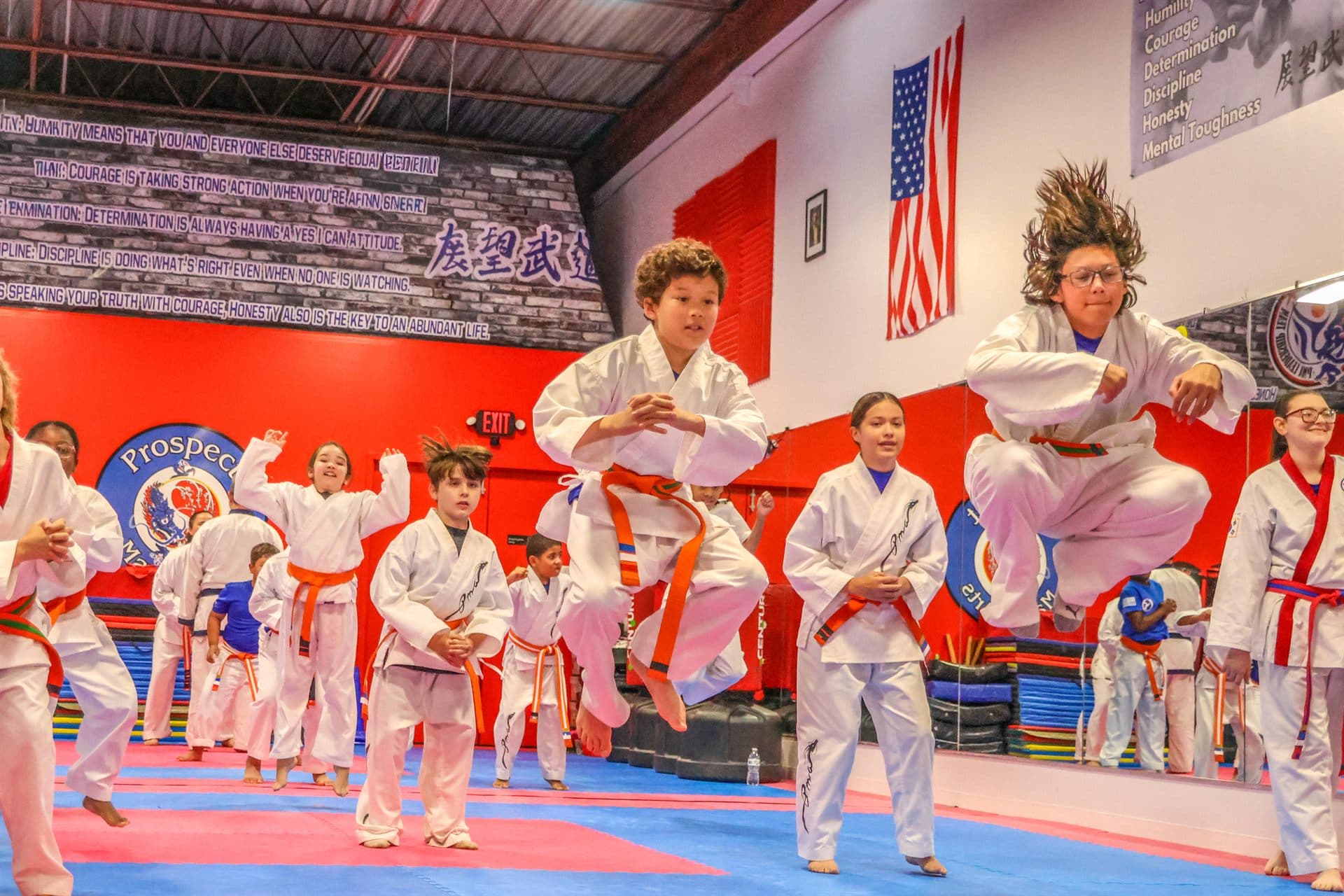 Students jumping during class at Prospect Martial Arts